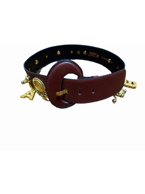 Vintage Escada Brown Leather Belt Gold Letter Charms Buckle Sz 36 Germany